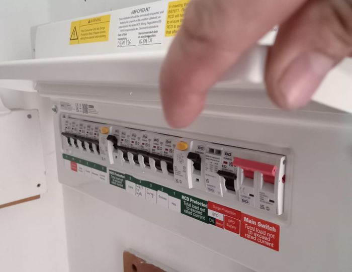 Consumer unit with surge protection device and RCD protection, every circuit labelled